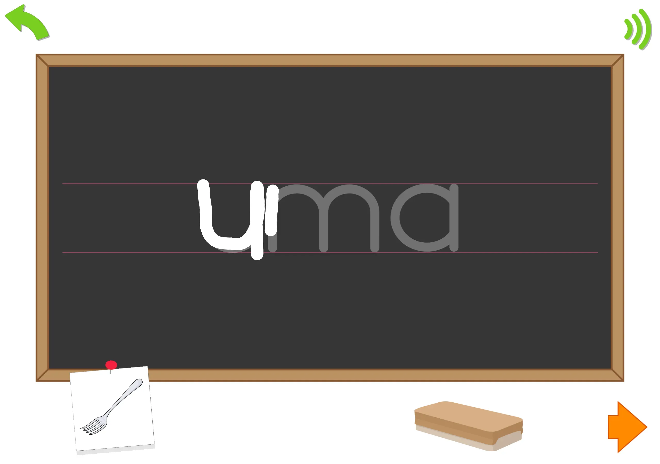 Writing a simple word. The child can use the duster to erase any mistakes.