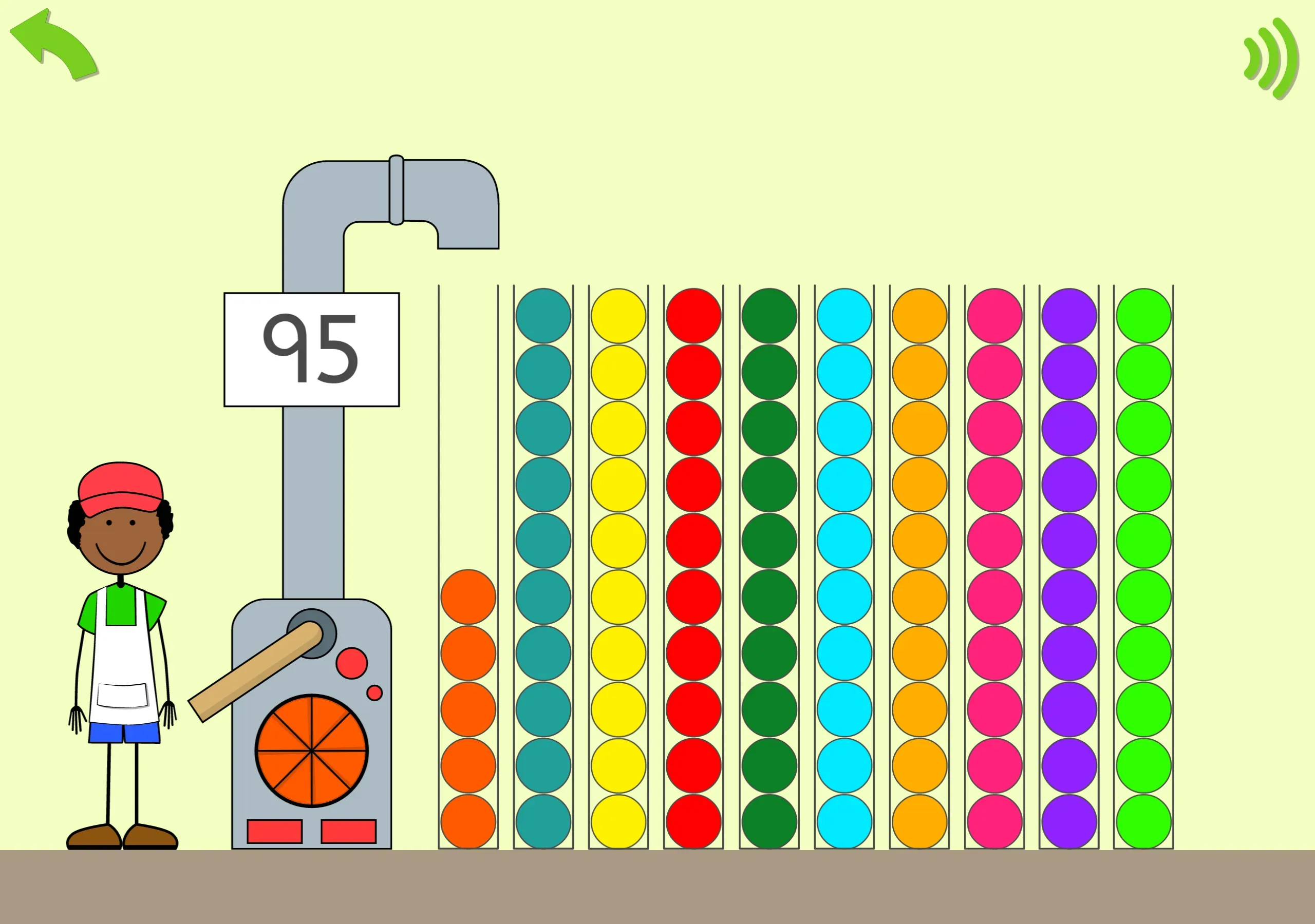 Children tap the lever to add another set of 10 balls until they reach 100.